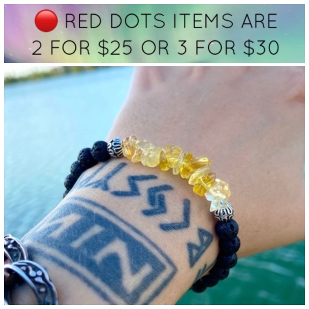 🔴Citrine bead bracelet . Genuine citrine crystal gemstone chips black lava rock
